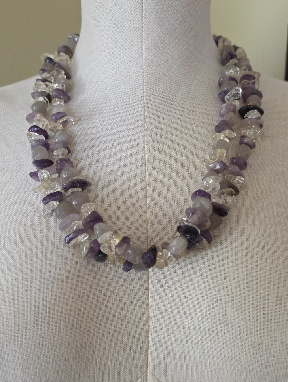 Amethyst Clear And Smoky Quartz Crystal Polished Tumbles Double-Strand Necklace